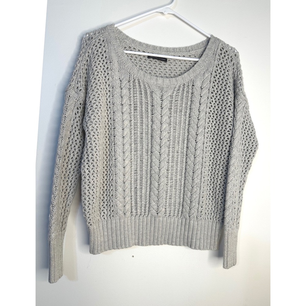 American Eagle Sweater Women Grey Excellent Cable Knit Open Weave Scoop Neck